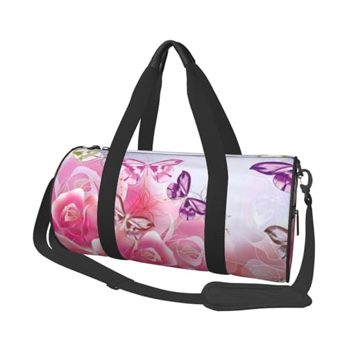 Reisetasche mit rosa Rosen und Schmetterlingen, mit Tasche und verstellbarem Riemen, große Sporttasche, modische Yoga-Tasche für Damen und Herren, Schwarz , Einheitsgröße von ZaKhs