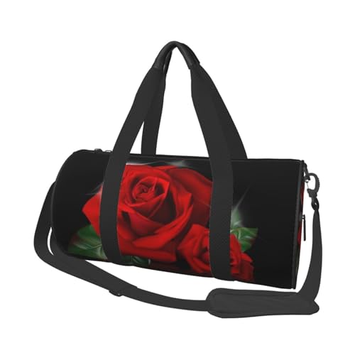 Reisetasche mit rotem Rosenmuster, mit Tasche und verstellbarem Riemen, große Sporttasche, modische Yoga-Tasche für Damen und Herren, Schwarz , Einheitsgröße von ZaKhs