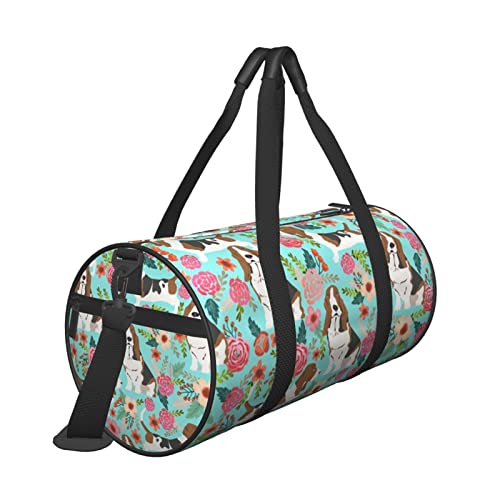 Reisetasche mit süßem Basset Hound Blumendruck, mit Tasche und verstellbarem Riemen, große Sporttasche, modische Yoga-Tasche für Damen und Herren, Schwarz , Einheitsgröße von ZaKhs