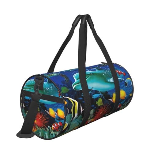 Reisetasche mit tropischem Fisch, Delfin, Koralle, Unterwasserdruck, Reisetasche, mit Tasche und verstellbarem Riemen, großer Turnbeutel, modische Yoga-Tasche für Damen und Herren, Schwarz , von ZaKhs