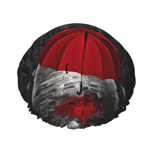 Roter Regenschirm auf dunklem schmalem Straßendruck, Duschhaube, doppellagig, wasserdicht, elastisch, wiederverwendbar, Duschhut für Damen, Spa, Salon von ZaKhs