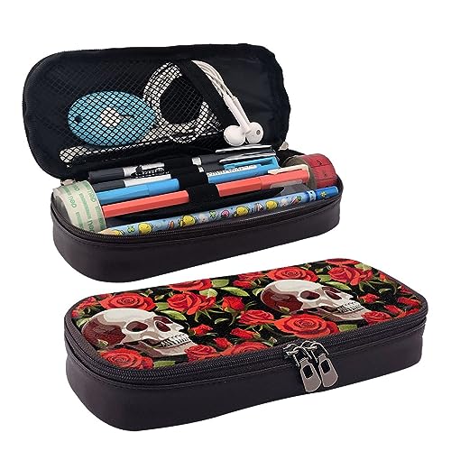 ZaKhs Federmäppchen mit Rosen-Totenkopf-Motiv, für Jungen und Mädchen, große Kapazität, multifunktional, Make-up-Tasche, Organizer-Tasche für Büro und Reisen, Schwarz , Einheitsgröße, Make-up-Tasche von ZaKhs