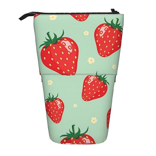 ZaKhs Lovely Strawberry Print Stand Up Pencil Case Retractable Pencil Pouch Cute Portable Pencil Holder for Boys Girls Office Supplies, Schwarz , Einheitsgröße, Make-up-Tasche von ZaKhs