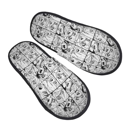 ZaKhs Lustige Ahegao Print Frauen Hausschuhe Rutschfeste Fuzzy Hausschuhe Niedliche Haus Hausschuhe Für Indoor Outdoor, Schwarz , Large von ZaKhs