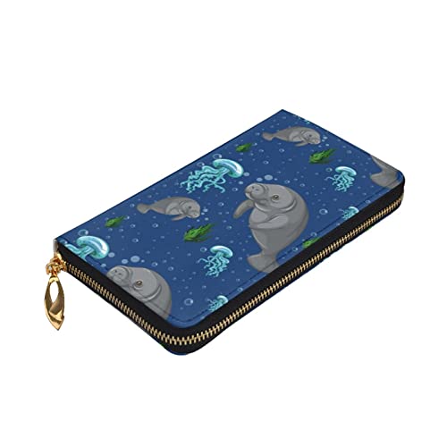 ZaKhs Manatee Print Damen Geldbörse Leder Reißverschluss Münzbörse Groß Kartenetui Brieftasche für Urlaub Geschenk, Schwarz , Einheitsgröße von ZaKhs