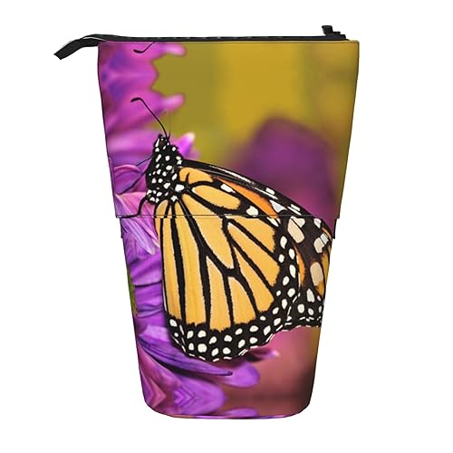 ZaKhs Monarch Butterfly Print Stand Up Pencil Case Retractable Pencil Pouch Cute Portable Pencil Holder for Boys Girls Office Supplies, Schwarz , Einheitsgröße, Make-up-Tasche von ZaKhs