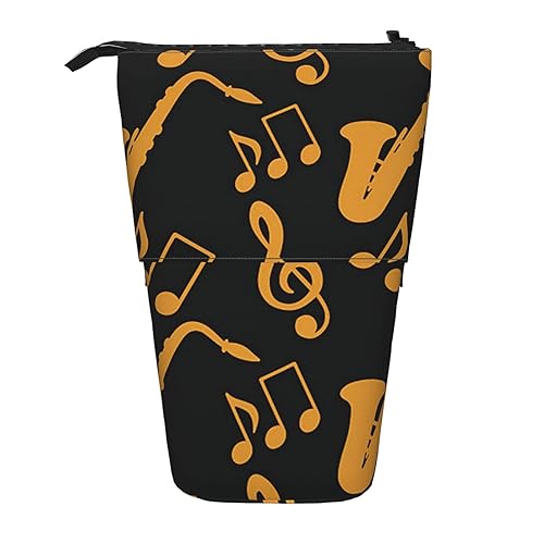 ZaKhs Musical Notes Treble Print Stand Up Pencil Case Retractable Pencil Pouch Cute Portable Pencil Holder for Boys Girls Office Supplies, Schwarz , Einheitsgröße, Make-up-Tasche von ZaKhs