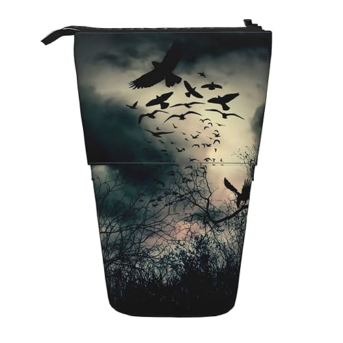 ZaKhs Night Crow Print Stand Up Pencil Case Retractable Pencil Pouch Cute Portable Pencil Holder for Boys Girls Office Supplies, Schwarz , Einheitsgröße, Make-up-Tasche von ZaKhs