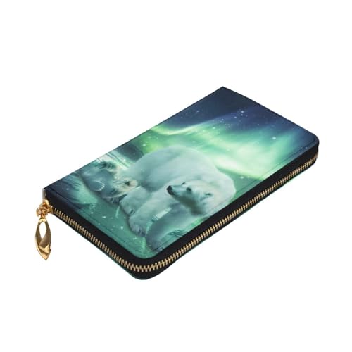 ZaKhs Northern Lights Eisbär Print Damen Geldbörse Leder Reißverschluss Münzbörse Groß Kartenetui Brieftasche für Urlaub Geschenk, Schwarz , Einheitsgröße von ZaKhs