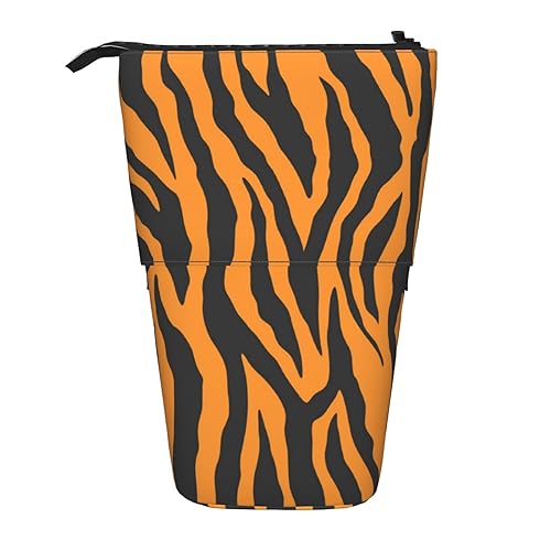 ZaKhs Orange Tiger Leopard Print Stand Up Pencil Case Retractable Pencil Pouch Cute Portable Pencil Holder for Boys Girls Office Supplies, Schwarz , Einheitsgröße, Make-up-Tasche von ZaKhs