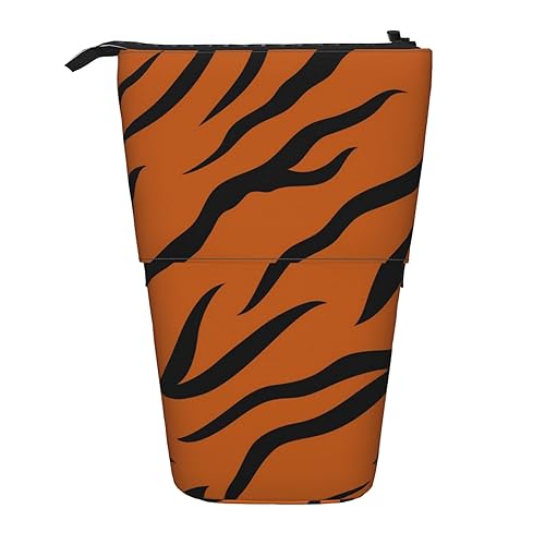 ZaKhs Orange Tiger Leopard Print Stand Up Pencil Case Retractable Pencil Pouch Cute Portable Pencil Holder for Boys Girls Office Supplies, Schwarz , Einheitsgröße, Make-up-Tasche von ZaKhs