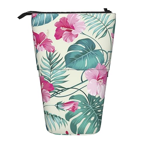 ZaKhs Palm Tree Leaf Print Stand Up Pencil Case Retractable Pencil Pouch Cute Portable Pencil Holder for Boys Girls Office Supplies, Schwarz , Einheitsgröße, Make-up-Tasche von ZaKhs