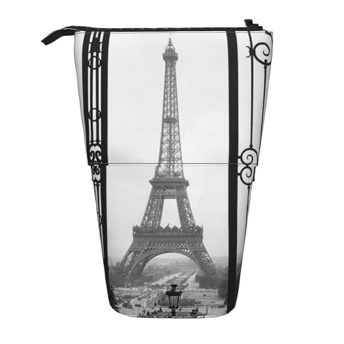 ZaKhs Paris Eiffelturm Druck Stand Up Bleistift Fall Retractable Pencil Pouch Cute Portable Pencil Holder for Boys Girls Office Supplies, Schwarz , Einheitsgröße, Make-up-Tasche von ZaKhs