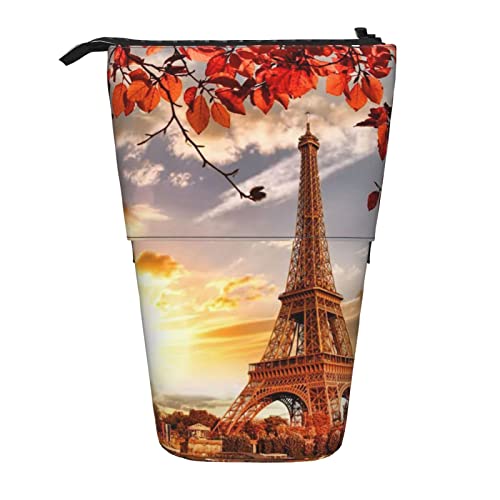 ZaKhs Paris Eiffelturm mit Herbstlaub Druck Stand Up Bleistift Fall Retractable Pencil Pouch Cute Portable Pencil Holder for Boys Girls Office Supplies, Schwarz , Einheitsgröße, Make-up-Tasche von ZaKhs