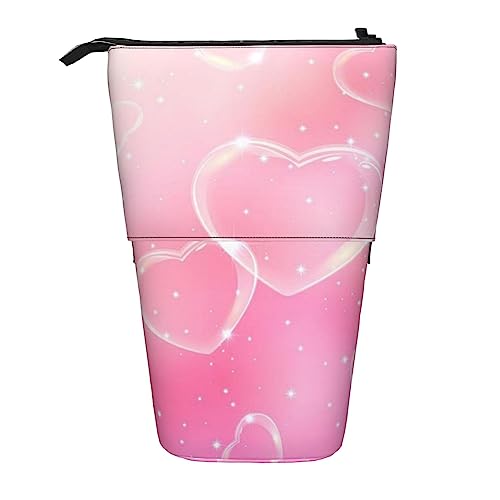 ZaKhs Rosa Herz Druck Stand Up Bleistift Fall Retractable Bleistift Beutel Niedlich Tragbare Bleistift Halter für Jungen Mädchen Bürobedarf, Schwarz , Einheitsgröße, Make-up-Tasche von ZaKhs