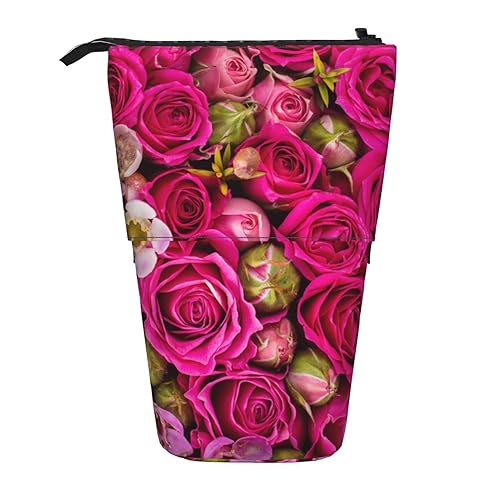 ZaKhs Rose Flower Floral Print Stand Up Pencil Case Retractable Pencil Pouch Cute Portable Pencil Holder for Boys Girls Office Supplies, Schwarz , Einheitsgröße, Make-up-Tasche von ZaKhs