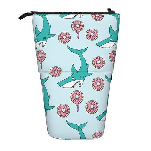 ZaKhs Shark and Donut Print Stand Up Pencil Case Retractable Pencil Pouch Cute Portable Pencil Holder for Boys Girls Office Supplies, Schwarz , Einheitsgröße, Make-up-Tasche von ZaKhs