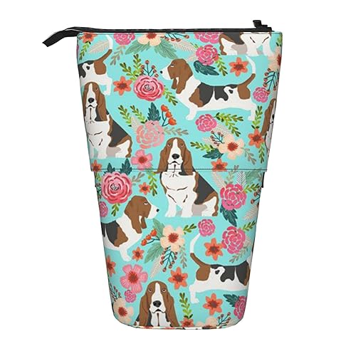 ZaKhs Sweet Basset Hound Florals Print Stand Up Pencil Case Retractable Pencil Pouch Cute Portable Pencil Holder for Boys Girls Office Supplies, Schwarz , Einheitsgröße, Make-up-Tasche von ZaKhs