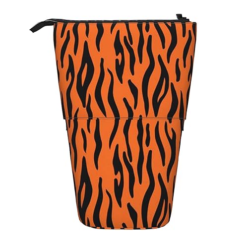 ZaKhs Tiger Stripes Orange Muster Print Stand Up Bleistift Fall Retractable Pencil Pouch Cute Portable Pencil Holder for Boys Girls Office Supplies, Schwarz , Einheitsgröße, Make-up-Tasche von ZaKhs