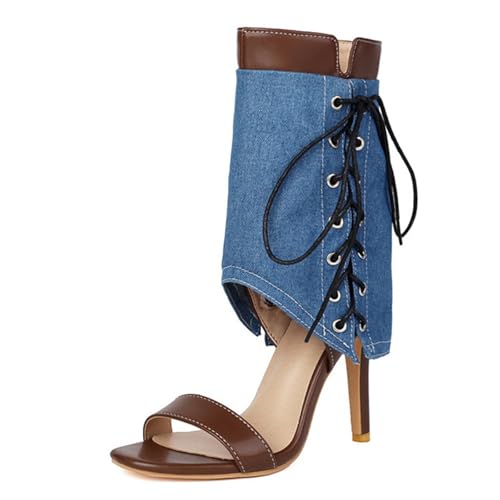 ZaKoonaC Damen Denim Sandaletten mit Stiletto Absatz | Seitlicher Reißverschluss | Freizeit und Party (Braun, 39 EU) von ZaKoonaC
