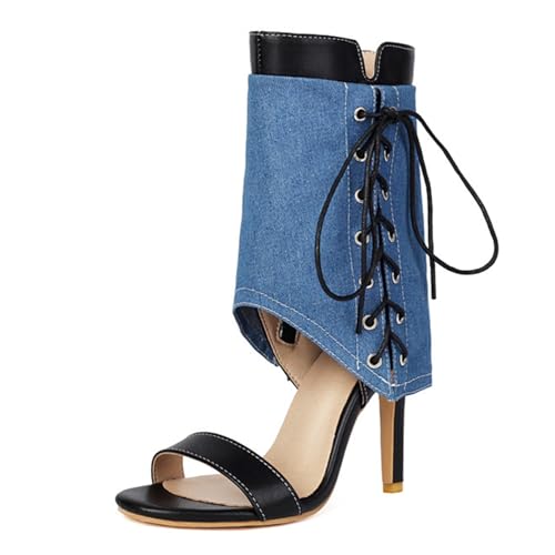 ZaKoonaC Damen Denim Sandaletten mit Stiletto Absatz | Seitlicher Reißverschluss | Freizeit und Party (Schwarz, 37 EU) von ZaKoonaC