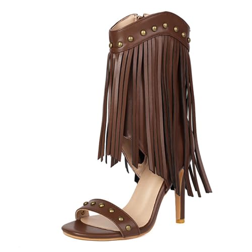ZaKoonaC Damen High Heel Sandaletten mit Fransen Zehensteg | Abendfest & Bühne Schuhe (Braun, 46 EU) von ZaKoonaC