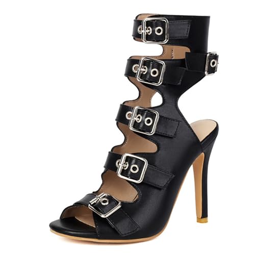 ZaKoonaC Damen High Heel Sandaletten mit Peep Toe | Zehenstegsandale mit Riemchen & Knöchelband für Party & Abendoutfit (Schwarz, 38 EU) von ZaKoonaC