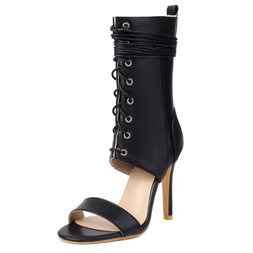ZaKoonaC Damen High Heel Sandaletten mit Schnürung | Zehenfreie Sandalen mit Reißverschluss für Abend & Date (Schwarz, 42 EU) von ZaKoonaC