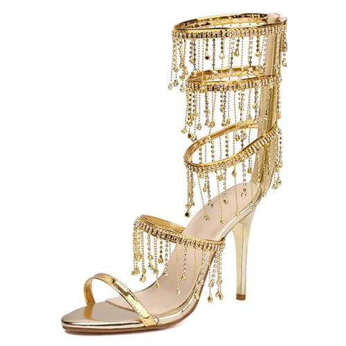 ZaKoonaC Damen High Heels mit Strasssteinen & Fransen | Römische Sandaletten für Abendfeiern & Bühne (Gold, 44 EU) von ZaKoonaC