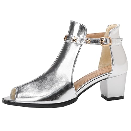 ZaKoonaC Damen Peep-Toe Sommersandalen – 5cm Blockabsatz Trendige Schuhe mit Sternendekor für Partys & Dates (Silber, 43 EU) von ZaKoonaC