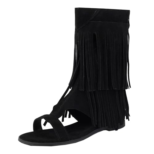 ZaKoonaC Damen Quaste Sommerstiefel mit flachem Absatz Strand Ethnische Sandalen​ (Schwarz, 48 EU) von ZaKoonaC