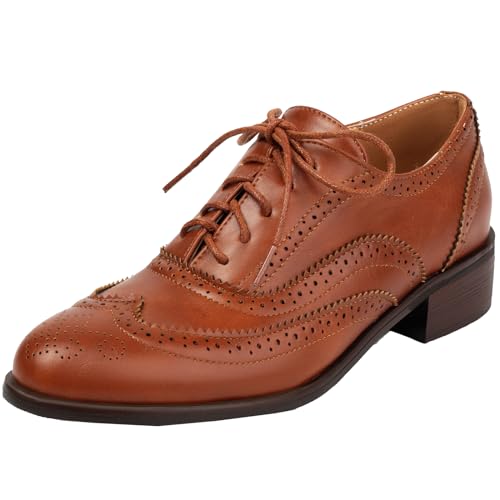 ZaKoonaC Damen Retro Runde Zehe Brogues Oxfords mit Niedrigem Blockabsatz (Braun,36) von ZaKoonaC