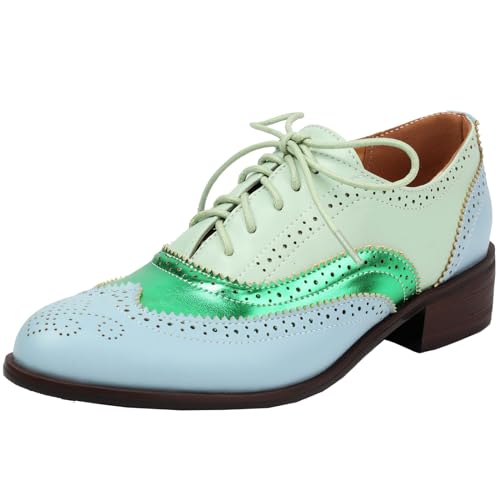 ZaKoonaC Damen Retro Runde Zehe Brogues Oxfords mit Niedrigem Blockabsatz (Grün,36) von ZaKoonaC