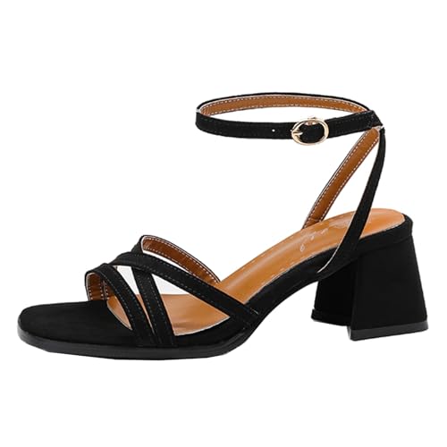 ZaKoonaC Damen Sandaletten mit Blockabsatz | Bequeme Absatzschuhe in Leopardenprint für Büro und Freizeit (Schwarz, 37 EU) von ZaKoonaC