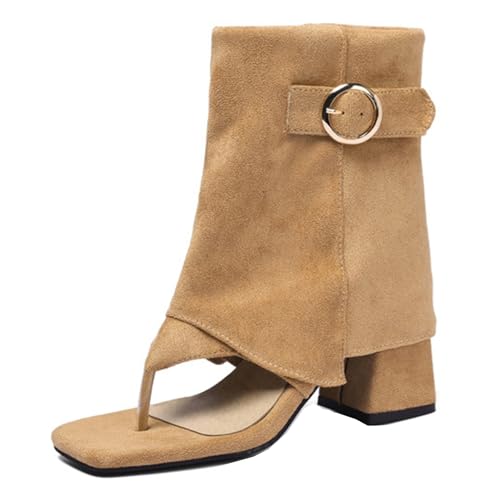 ZaKoonaC Damen Sandaletten mit Zehensteg & Blockabsatz | Retro-Stil mit Metallverschluss für Freizeit und Büro (Khaki, 40 EU) von ZaKoonaC