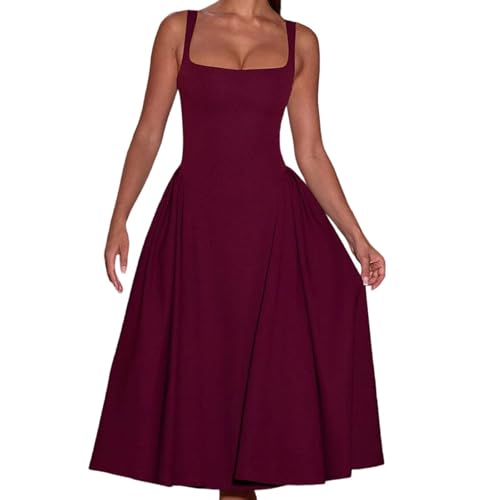 ZaKoonaC Damen Spaghetti-Träger Quadratausschnitt Armlos Hoher Bund A-Linie Midikleid Stylisch für Beruf Sozial Alltag (Dunkelrot, S) von ZaKoonaC