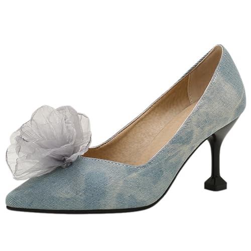 ZaKoonaC Damenblumen-Stilettos PU-Leinen, Business-Abendgarderobe mit Stöckelabsatz​ (Denim, 38 EU) von ZaKoonaC