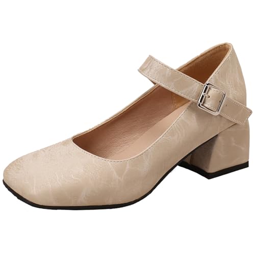 ZaKoonaC Mary Jane Anzugschuhe mit Blockabsatz für Damen Pumps mit Runder Zehenpartie und Schnalle (Aprikose,40) von ZaKoonaC