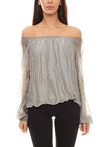 Zabaione Shirt Off-Shoulder-Bluse weich fallende Damen Seiden-Bluse mit Langen Ärmeln Freizeit-Shirt Sternenprint-Bluse Grau, Größe:S von Zabaione