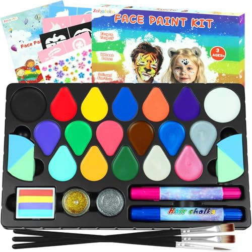 Kinderschminke Set Mädchen, 17 Farben Fasching Schminkfarben Größere Kapazität Grundfarben Split Cake mit Schablonen, Haarkreiden, Glitzer, Pinseln und Schwämmen für Kinder KörperGesichtsFarben von Zabatoco