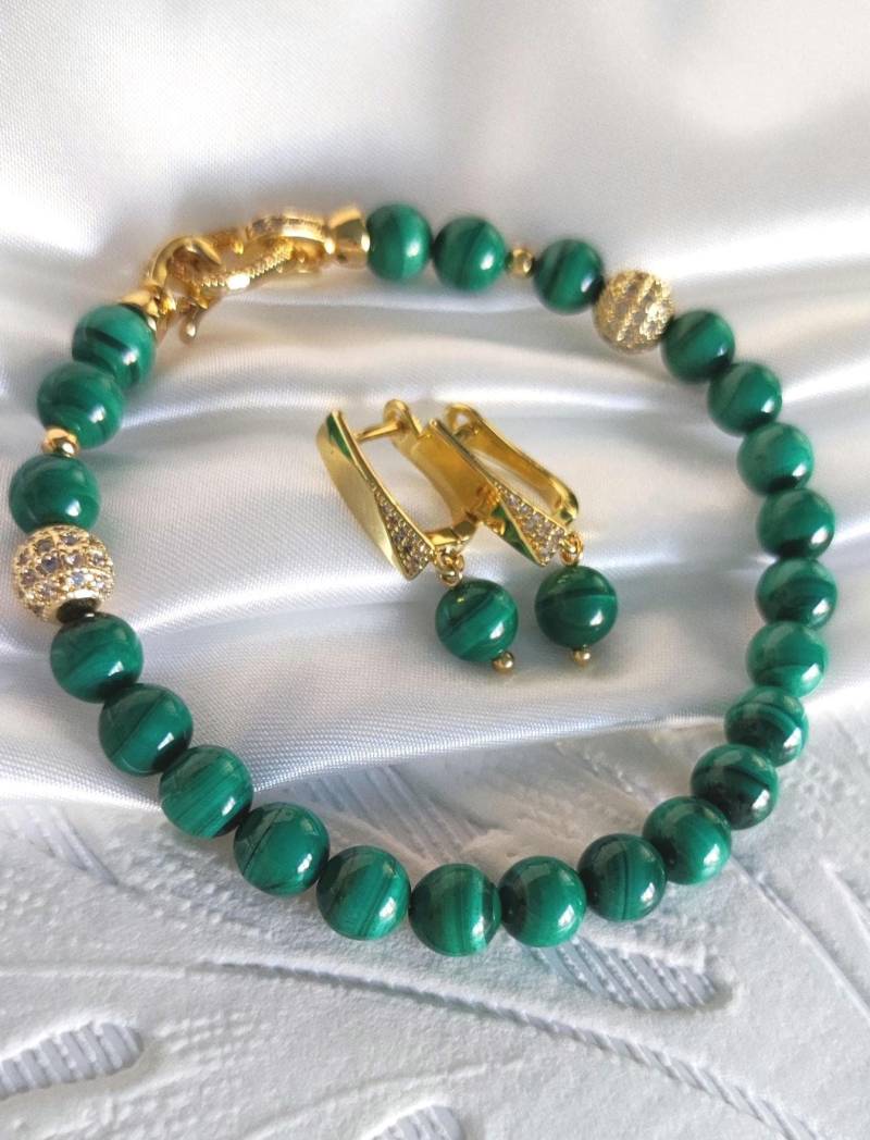 Exklusives Malachit Schmuck Set | Armband Damen | 16-20 cm & Ohrringe Naturstein, 18K Vergoldet, Zirkonia, Geschenk Luxus von Zabolot