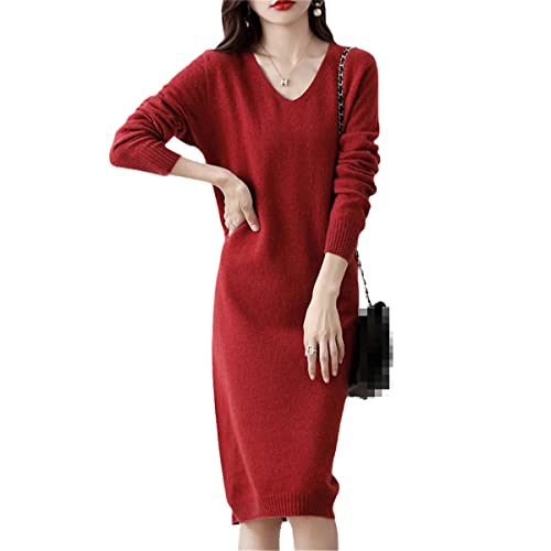 100 % reine Wolle, gestrickt, Damenkleid, langes Kleid, V-Ausschnitt, Rust Red, S von Zadaos