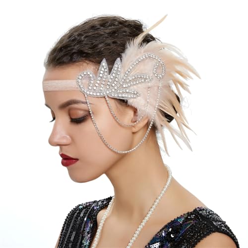 1920er Jahre Feder-Haarband für Damen, Vintage-Kopfschmuck, Flapper-Stirnband, Kopfschmuck, Haarschmuck, Weiß und Hautfarben von Zadaos