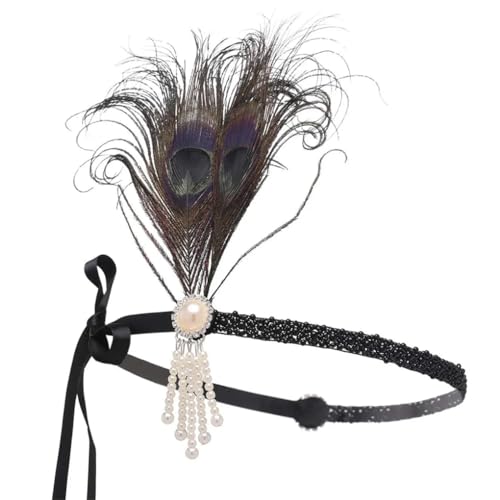 1920er Jahre Kopfschmuck Flapper Stirnband Zubehör, Perle Pfau Feder Haarband für Frauen Schwarz von Zadaos