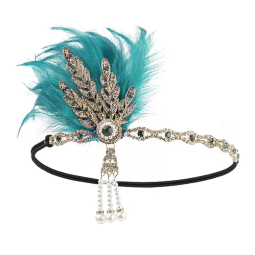 Damen 1920er Flapper Stirnband Feder Kopfschmuck Brüllende 20er Jahre Blatt Perle Stirnband Haarschmuck Türkis En8 Einheitsgröße von Zadaos