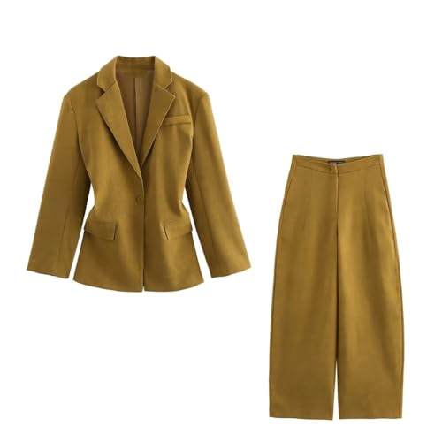 Damen 2 Stück Casual Wide Leg Pants Retro Khaki Loose Bloomers + V-Ausschnitt Slim Blazer Anzug, Khaki-Anzug, L von Zadaos