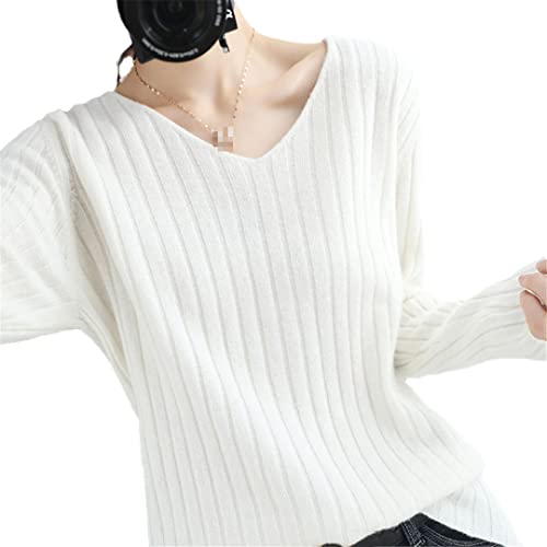 Damen Herbst Winter Wollmischung Pullover Casual V-Ausschnitt Pullover Vertikal Gestreift Strickpullover Weiß XL von Zadaos