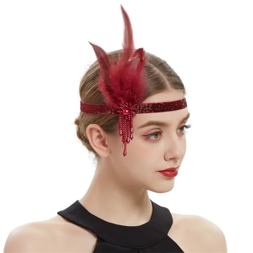 Damen-Kopfschmuck, Feder-Flapper-Stirnband, glänzend, Kopfschmuck, Kopfschmuck, Vintage-Stil, Abschlussball, Haarschmuck, Weinrot von Zadaos