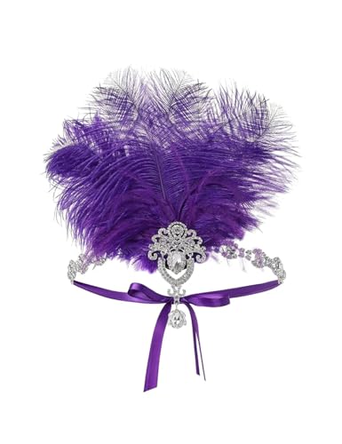 Damen-Stirnband mit Straußenfedern, Kristall, Feder-Stirnband, Flapper-Kopfschmuck, 1920er-Jahre, Violett, Größe passt allen von Zadaos