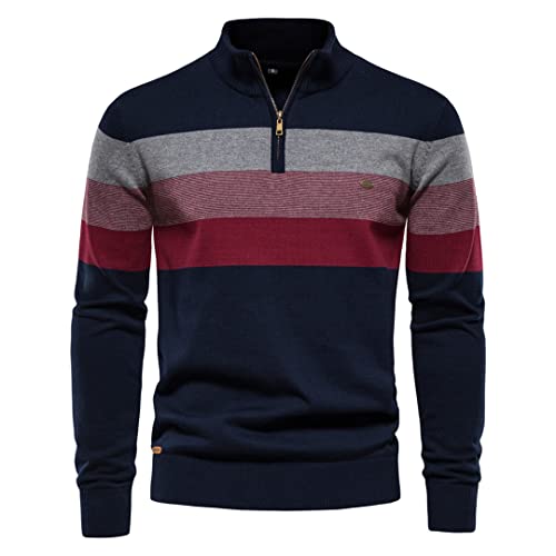 Herren Patchwork Pullover Pullover Baumwolle Lässiger Reißverschluss Stehkragen Pullover für Männer Wintermode Warmer Pullover für Männer Marineblau Größe XL 80-88 kg von Zadaos